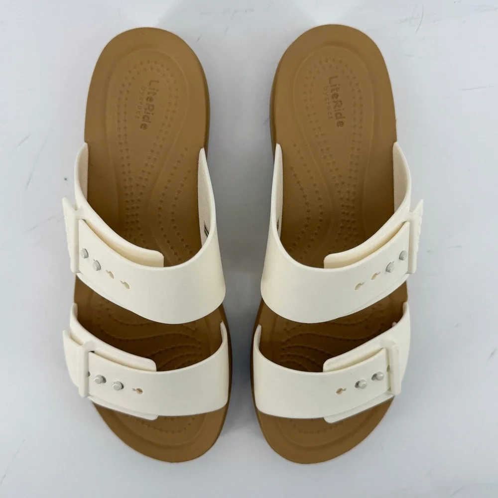 Crocs Brooklyn Buckle Low Wedge Sandal White Tan Women 6 Slip On Flip Flop New